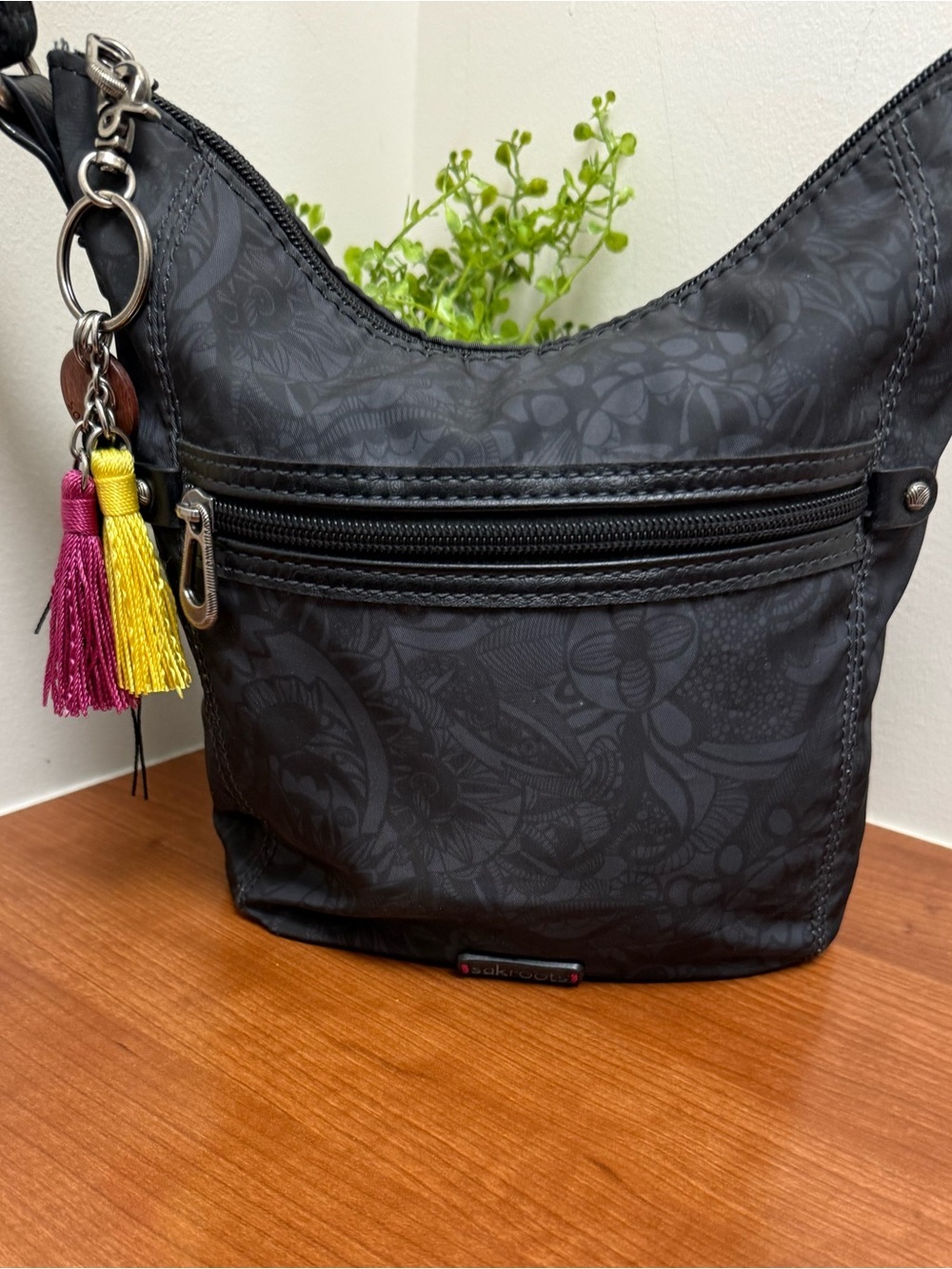 Sakroots Black Floral-Print Shoulder Bag with Pink & Yellow Tassels